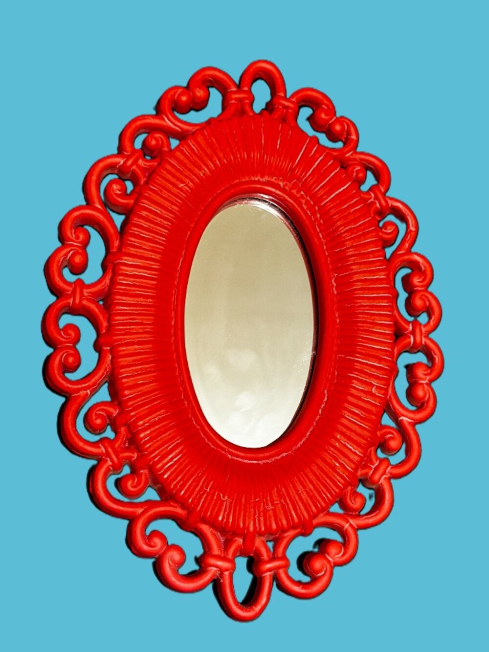 Homco x Syroco Dart Faux Rattan Oval Wall Mirror 2618, Red, Vintage Circa 1970